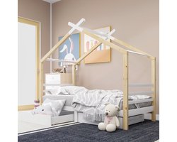 Kinderbed Huisbed - 90x200 cm - Massief sparrenhout - Met lattenbodem - Met laden - Wit + houtkleur, geschikt voor kinder- en jeugdkamers