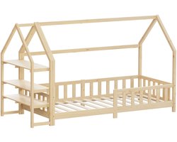 Kinderbed Huisbed 90x200 cm van natuurlijk dennenhout met uitvalbeschermend schapdak en lattenbodem houten bed ML-Design