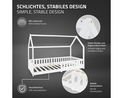 Kinderbed huisbed 90x200 cm wit gemaakt van dennenhout incl. matras H-10cm uitvalbeschermend dak en lattenbodem ML-Design