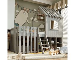 Kinderbed huisbed 90x200, met dak en raam, met open opbergruimte, met klimladder, massief houten kinderstapelbed zonder matras, grijs