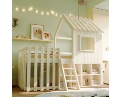 Kinderbed huisbed 90x200, met dak en raam, met open opbergruimte, met klimladder, massief houten kinderstapelbed zonder matras, wit