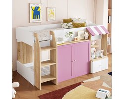 Kinderbed huisbed 90x200, met open opbergruimte, met klimladder, halfhoog kinderhoogslaper, massief houten kinderstapelbed zonder matras, houtkleur + roze