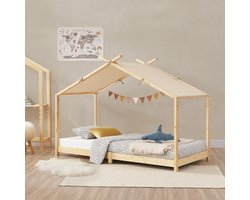 Kinderbed huisbed - Bed met dak - Dromen en spelen - Massief grenen frame - 90x200 cm - Houtkleurig beige