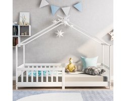 Kinderbed Huisbed-Houten Kinderbed-90x200cm Massief Grenen Bed Met Omheining En Lattenbodem-Wit-Valbeveiliging En Speels Huisdesign Voor Kinder En Tienerkamer