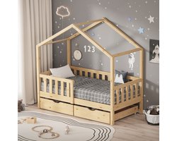 Kinderbed Huisbed met 2 laden 70x140 cm natuurlijk grenenhout Houten bed met dak en lattenbodem ML design