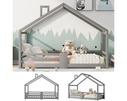 Kinderbed Huisbed met Schoorsteen, Valbeveiliging, Robuuste Lattenbodems, Grenen Houten Huisbed voor Kinderen, 90x200 cm Zonder Matras, Grijs