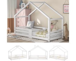 Kinderbed Huisbed met Schoorsteen, Valbeveiliging, Robuuste Lattenbodems, Grenen Houten Huisbed voor Kinderen 90x200 cm Zonder Matras, Wit