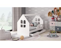Kinderbed Huisje - Peuterbed Met Lade - Veilige Slaapplek - Modern Open Design - 140x70 - Wit