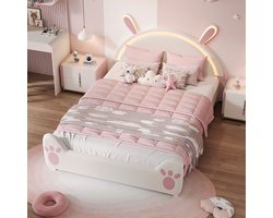 Kinderbed / Jongerenbed 140x200 cm met LED – Gestoffeerd Bed met Konijnen Hoofdeinde, Lattenbodem, Roze en Wit Fluweel voor Meisjes (Zonder Matras)