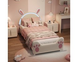 Kinderbed / Jongerenbed 90x200 cm met LED – Gestoffeerd Bed met Konijnen Hoofdeinde, Lattenbodem, Roze en Wit Fluweel voor Meisjes (Zonder Matras)