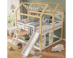 Kinderbed, Kinderhoogslaper 90×200cm met glijbaan en ladder, huisbed in wit & natuurhout, halfhoog speelbed met deurdesign, glijbaan en ladder links of rechts te monteren, kinderbed met speelruimte onder het bed