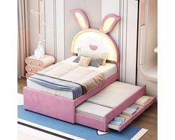 Kinderbed Konijn 90x200 cm - Uitschuifbaar + 3 Lades - Multicolor LED via Smartphone - Fluweelzachte Stof - Beige/Grijs/Roze - Lattenbodem - 120 kg Belastbaarheid