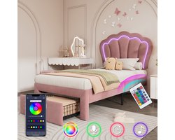 Kinderbed LED Eenpersoonsbed 90 x 200 cm Gestoffeerd Bed met Lades APP-Control LED Bedframe Verstelbaar Hoofdeinde Velvet, Roze