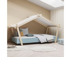 Kinderbed Lodge | 223,2 x 105,5 x 129,7 cm | Blauw-Wit - CBA - Huisbed - Blauw - MDF Eenpersoons Normaal bed