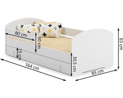 Kinderbed Luk 160x80 met grafische elementen voor kinderen en een balustrade, inclusief matras en onderstel