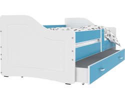 Kinderbed luxe uitvoering 180x80 cm - wit/blauw - met lade - met matras