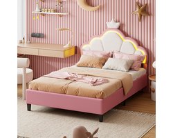 Kinderbed, Meisjes Eenpersoonsbed 90x200cm, Eenpersoonsbed met LED-verlichting, Kroonvormig Prinsessenbed, Verstelbaar Hoofdeinde, Kinderbed, Flanel, Roze