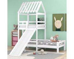 Kinderbed met glijbaan, met rechthoekige ladder, Huisbed met dak, Speeltorenbed met valbeveiliging en rooster, frame van massief dennenhout, Wit (90x200cm tot 90x100cm)