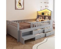 Kinderbed met Opbergruimte - Jongensbed Meisjesbed - Veilig Slapen en Spelen - Geïntegreerde LED en USB - 90x200 cm - Grijs