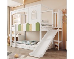 Kinderbed met stapelbed - 90 × 200 cm - frame in de vorm van een huis - met raam - onregelmatig, veelkleurig spijlenpatroon - voorzien van glijbaan en veiligheidsladder - hoogslaper - wit