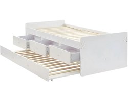 Kinderbed met uitschuifbed en opbergruimte 90x190 cm | Eenpersoonsbed / daybed van wit grenenhout met 3 lades (zonder matras)