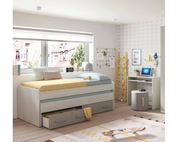 Kinderbed met Uitschuifbed en Opbergruimte - Eenpersoonsbed Wit en Bruin