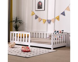 Kinderbed met uitvalbescherming incl. lattenbodem | 80 x 160 cm | Wit | Grenenhout – Massief hout | voor meisjes en jongens | Kinderbedden