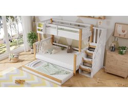 kinderbed, met veiligheidsrail en reling, ontworpen met drie bedposities, met uitschuifbed, , wit + naturel, 90x200 & 120*200cm