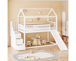 Kinderbed - stapelbed 90x200 cm - hoogslaper met glijbaan en opbergladder - hoge schutting - massief hout - wit - zonder matras