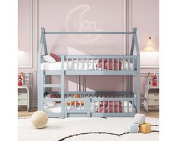 Kinderbed - stapelbed 90x200 cm - hoogslaper - met trap - loft design - massief hout - grijs - zonder matras