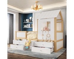 Kinderbed stapelbed 90x200 met dak en raam, hoogslaper met veilige valbeveiliging en opbergladen