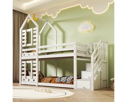 Kinderbed, stapelbed boomhut met lades en valbeveiliging 90 x 200 cm, hoogslaper voor kinderen – 2x lattenbodem – wit