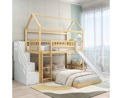 Kinderbed Stapelbed met Trap en Glijbaan voor Kinderen - 90 x 200 cm Hoogslaper met Valbeveiliging en Opbergruimte