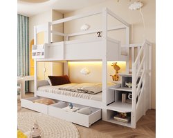 Kinderbed, Stapelbed Voor Kinderen, 90*200 cm, Bedframe In Kajuitstijl, Met Flexibele Opbergvakken En Een Creatief Krijtbord, Met Ladder En Lades, Tweepersoonsbed Voor Jongens En Meisjes, Wit