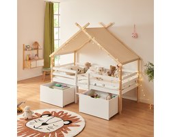 Kinderbed Surnadal Huisbed met dak 2 lades en trapje 200x90 cm wit en naturel [en.casa]