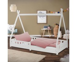Kinderbed Tipi 90x200 cm - Witte Houten Bed met Uitvalbeveiliging en Lattenbodem