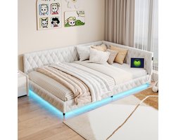 Kinderbed Tweepersoons gestoffeerd bed 140x200 cm met LED-verlichting en USB - Slaapbank, Beige krullend, voor Meisjes en Tieners(Zonder Matras)