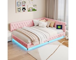 Kinderbed Tweepersoons gestoffeerd bed 140x200 cm met LED-verlichting en USB - Slaapbank, Roze krullend, voor Meisjes en Tieners(Zonder Matras)