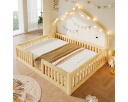 Kinderbed, Tweepersoonsbed, 140x200 cm van hout met valbeveiliging, huisbed met LED-lichtslinger, vloerbed met veiligheidshekje, Naturel