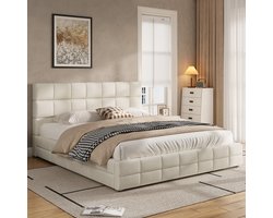 Kinderbed, Tweepersoonsbed, 180x200 gestoffeerd platformbed, Beige
