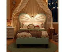 Kinderbed Vlinder 90x200 cm - Groen Kinderbed met LED Leeslampjes | Gestoffeerd Eenpersoonsbed