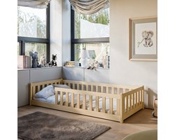 Kinderbed Vloerbed 90x200 cm Bed met uitvalbescherming & lattenbodem Montessoribed Kinderledikant Jeugdbed Eenpersoonsbed optioneel met matras | natuurlijk massief grenenhout jongen meisje