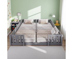 Kinderbed, vloerbed voor twee personen met valbeveiliging, 90 x 200 cm, massief hout, grijs, Montessori kinderbed, voor jongens en meisjes, zonder lattenbodem