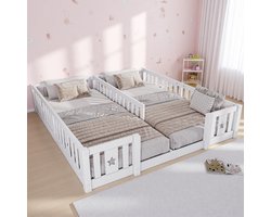 Kinderbed, vloerbed voor twee personen met valbeveiliging, 90 x 200 cm, massief hout, wit, Montessori kinderbed, voor jongens en meisjes, zonder lattenbodem