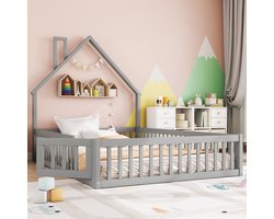 Kinderbed - voor matras 140 x 200 cm - grijs - met lattenbodem - afmetingen 145 x 205 x 163,7 cm - matras niet inbegrepen - voor de slaapkamer
