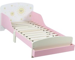 Kinderbed Wit-Roze met Zon & Sterren Decor – Peuterbed met Uitvalscherm & Bodem 140x70 cm, Totaal 150x77x60 cm (Zonder Matras)