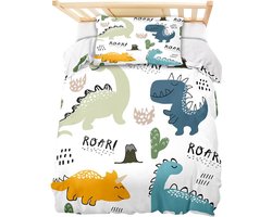 Kinderbeddengoed, 135 x 200 cm, complete set, dinosaurus beddengoed, met dino-motieven en geïntegreerde ritssluiting, kussensloop 60 x 40 cm, kinderbeddengoed voor jongens
