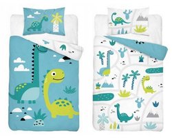 Kinderbeddengoed 90x120cm, Katoen, Dinosaurus, Blauw/Groen