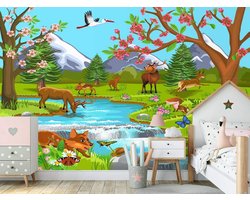 Kinderbehang Bosdieren - Muurdecoratie Kamer - Muur Versieren - Geïntegreerde Lijmlaag - 100 x 70 cm - Multicolor