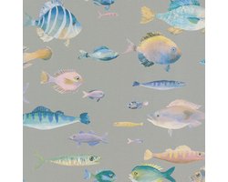 Kinderbehang Profhome 396961-GU vliesbehang hardvinyl warmdruk in reliëf licht gestructureerd met dieren patroon mat grijs blauw geel roze 5,33 m2